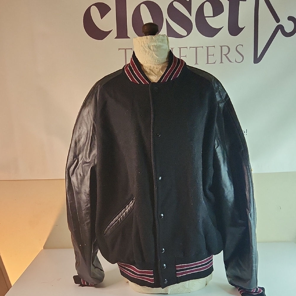 Classic Black Bomber Jacket with Red Stripes
